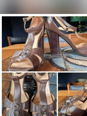 COLE HAAN Air Brown Leather Open Toe T Strap Rivet Heels Pumps Sz 7.5 M Y2K VTG
